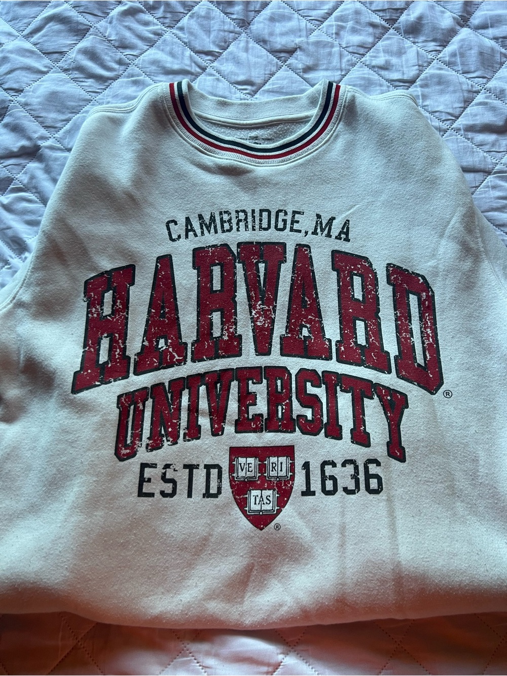Harvard University Cream Crewneck Sweatshirt with Red Logo